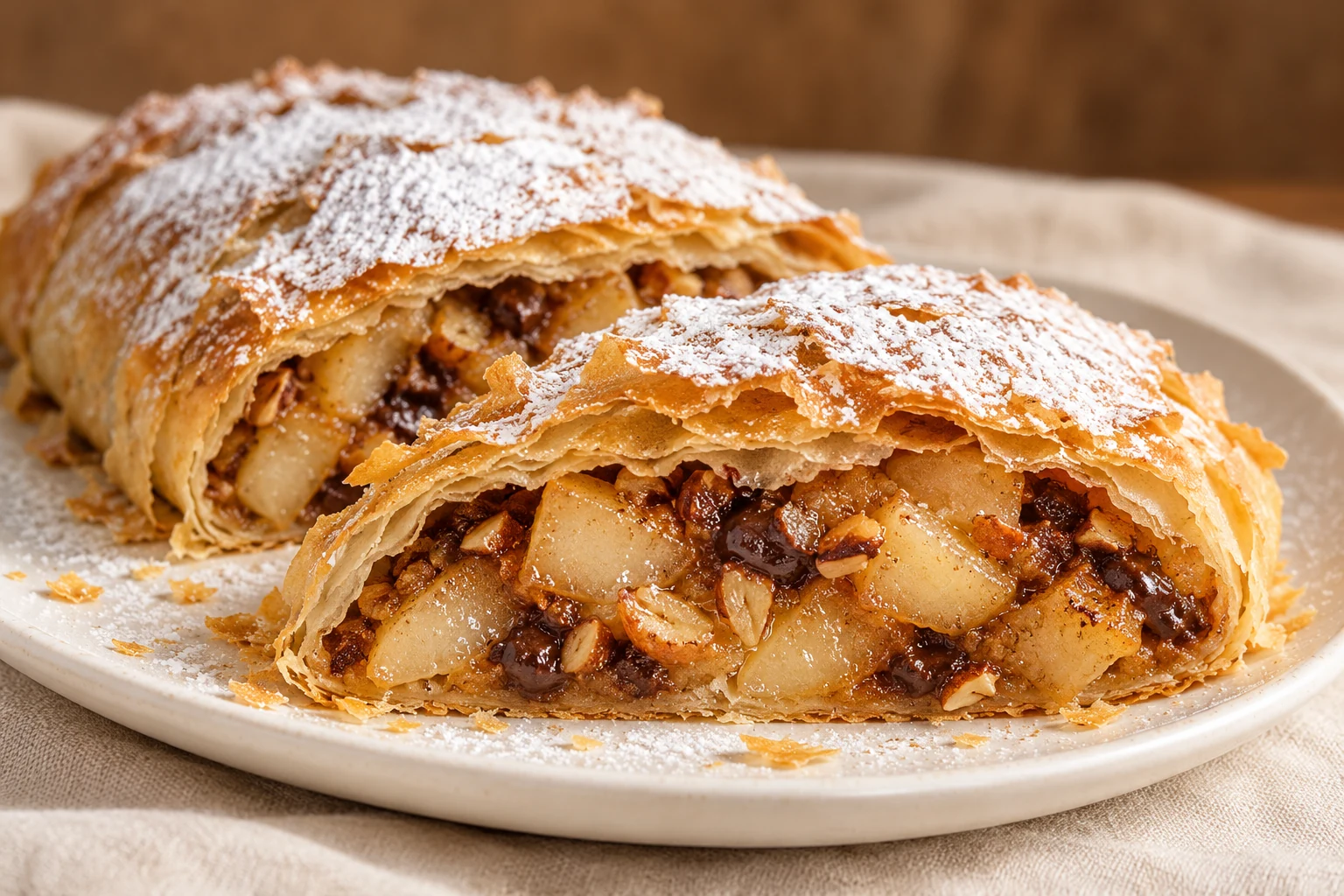 Imagen ilustrativa de un Húzott rétes de pera, praliné de almendras y chocolate, con el relleno a la vista